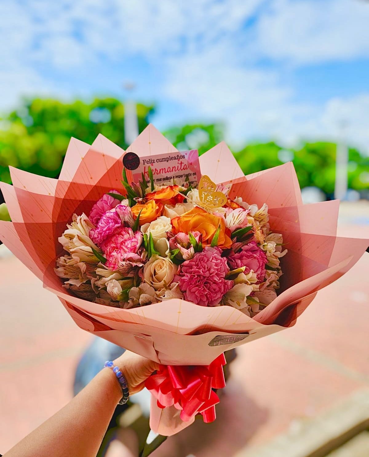 Ramo de cumpleaños con claveles rosados, rosas y mariposa decorativa